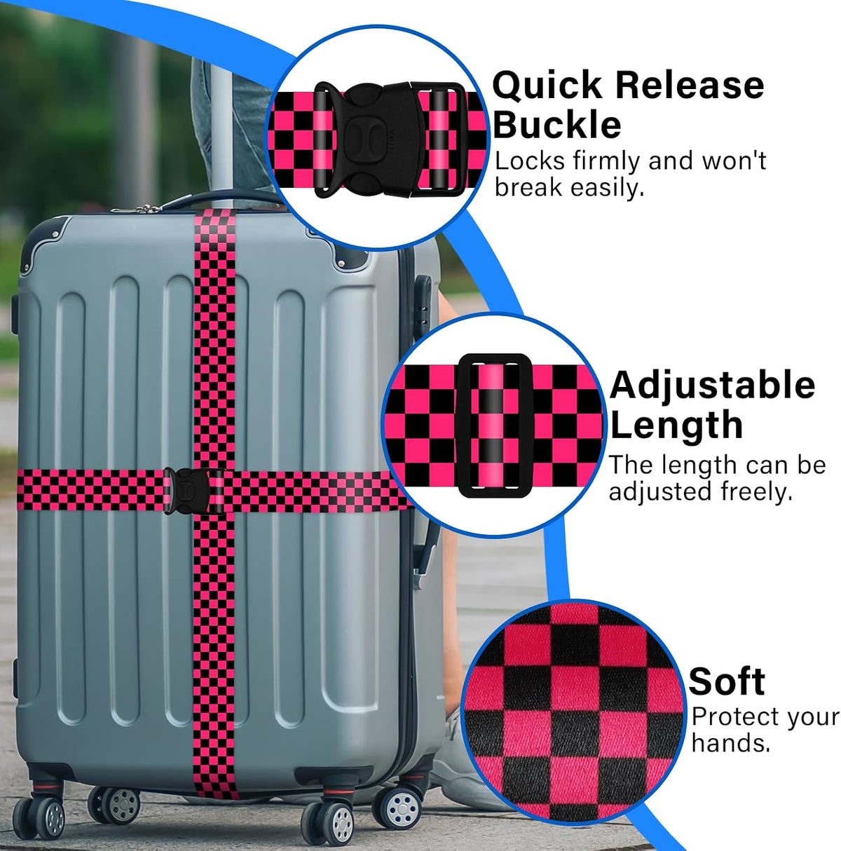 2 Pack Luggage Straps for Suitcases, Adjustable Travel Belt with Double Lock and Quick Release Buckle, Heavy Duty Nylon Bag Packing Strap, Bright Identifiers Business Travel Accessories-Colorful Block - Colors B