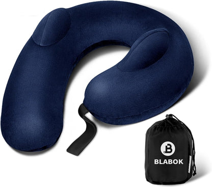 Inflatable Neck Pillow for Travel – Travel Pillow Support Head and Neck, Soft Washable Velvet Cover, Compact Neck Support Pillow for Airplane (Dark Blue)