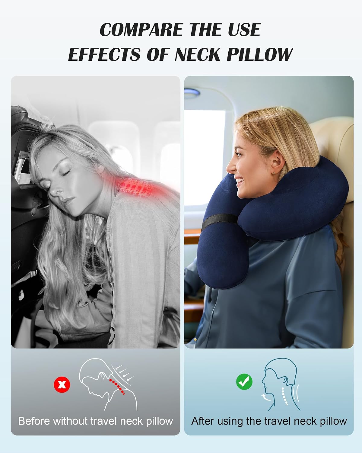 Inflatable Neck Pillow for Travel – Travel Pillow Support Head and Neck, Soft Washable Velvet Cover, Compact Neck Support Pillow for Airplane (Dark Blue)