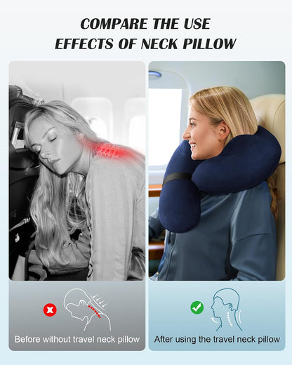 Inflatable Neck Pillow for Travel – Travel Pillow Support Head and Neck, Soft Washable Velvet Cover, Compact Neck Support Pillow for Airplane (Dark Blue)