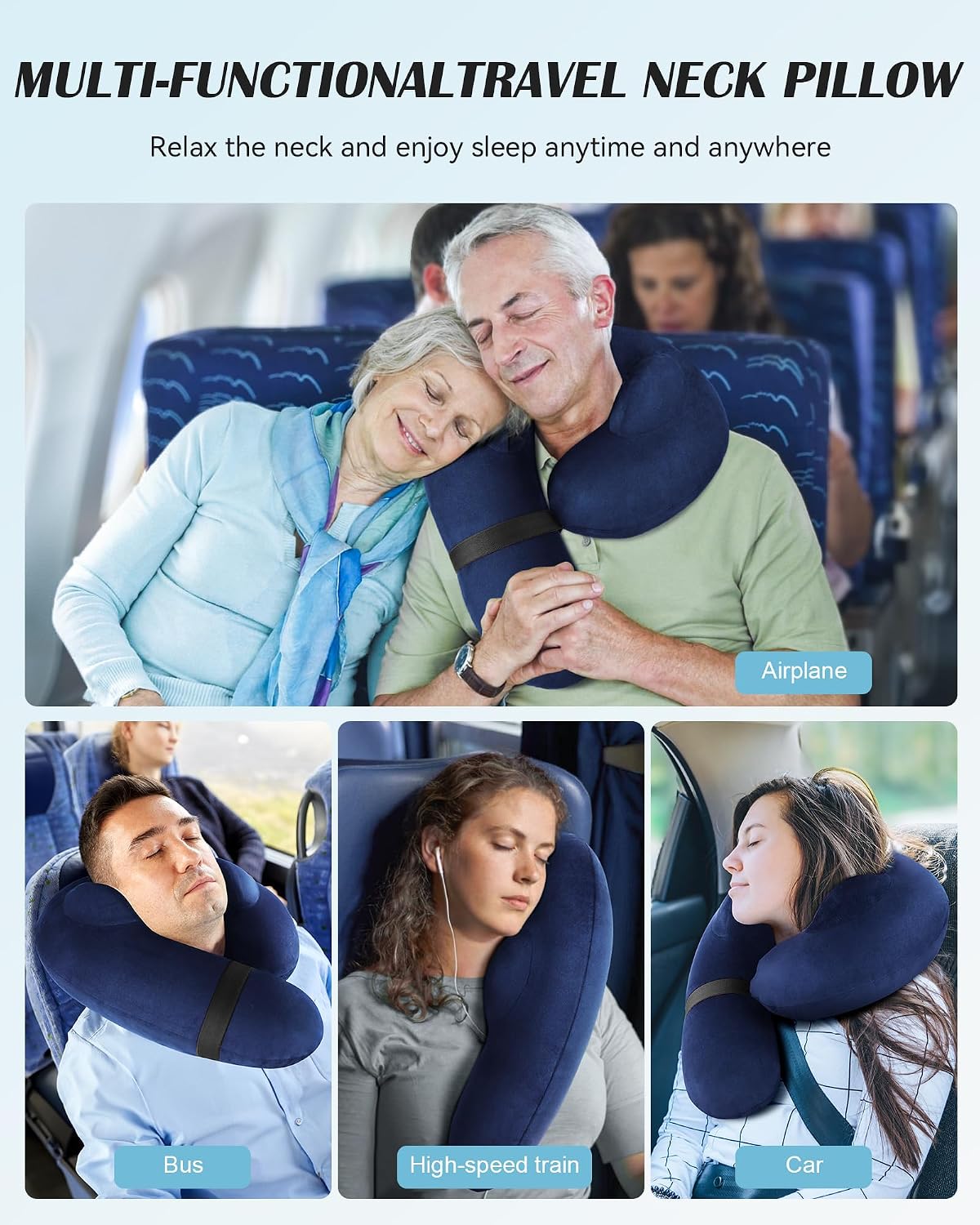 Inflatable Neck Pillow for Travel – Travel Pillow Support Head and Neck, Soft Washable Velvet Cover, Compact Neck Support Pillow for Airplane (Dark Blue)
