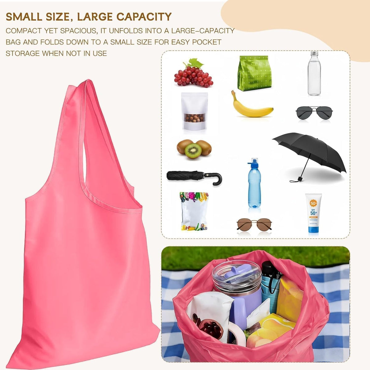 2 Pack Foldable Shopping Bag, Reusable Grocery Tote Bag, Green A
