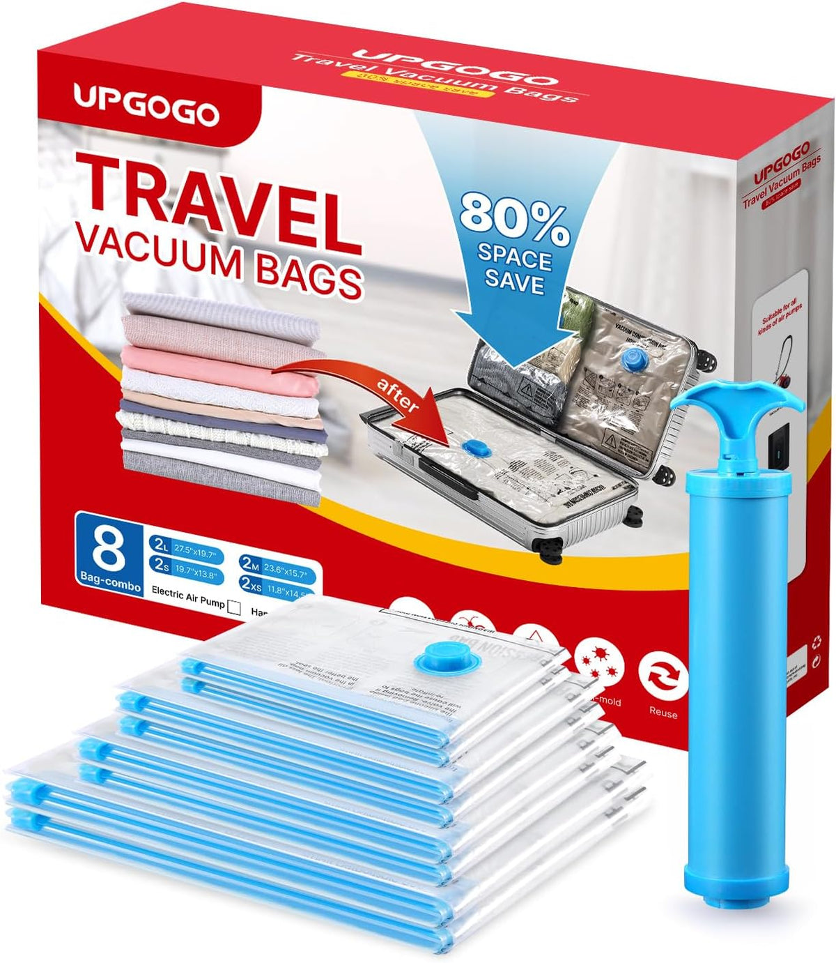 Vacuum Travel Bags Combo - Space Saver Vacuum Storage Bags for Clothing, Blankets, Pillows - Travel Essentials