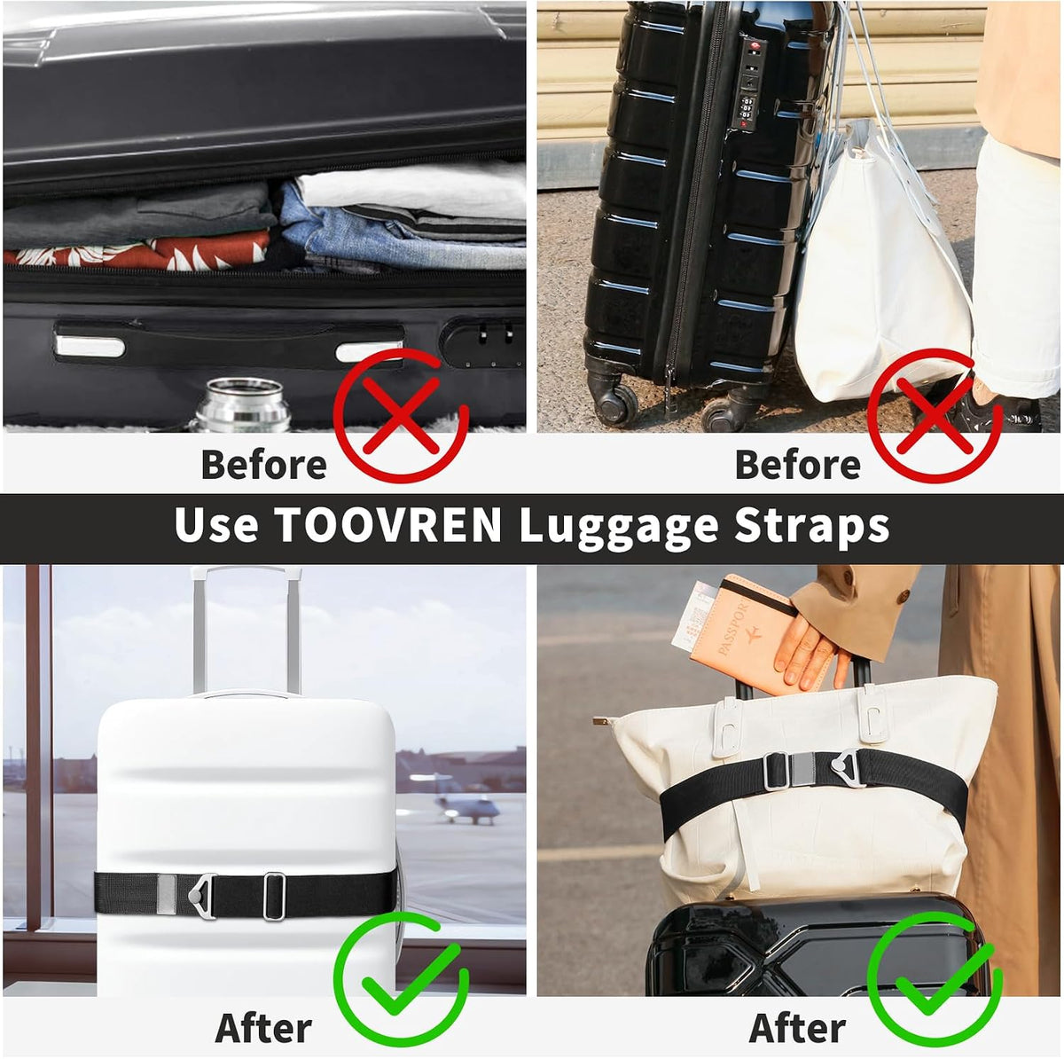 2-in-1 Travel Belt for Luggage Straps Add a Bag Bungees Luggage Strap Over Handle Suitcases Belt for Carry On Bag Elastic Belt Adjustable Suitcase Strap Airport Travel Accessories Black