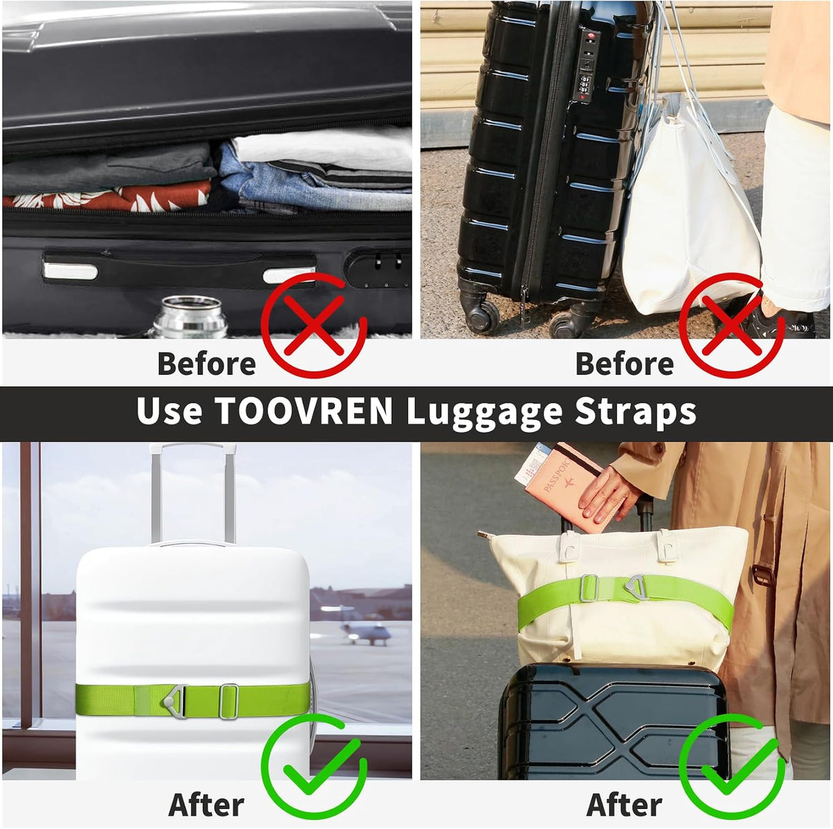 2-in-1 Travel Belt for Luggage Straps Add a Bag Bungees Luggage Strap Over Handle Suitcases Belt for Carry On Bag Elastic Belt Adjustable Suitcase Strap Airport Travel Accessories Black
