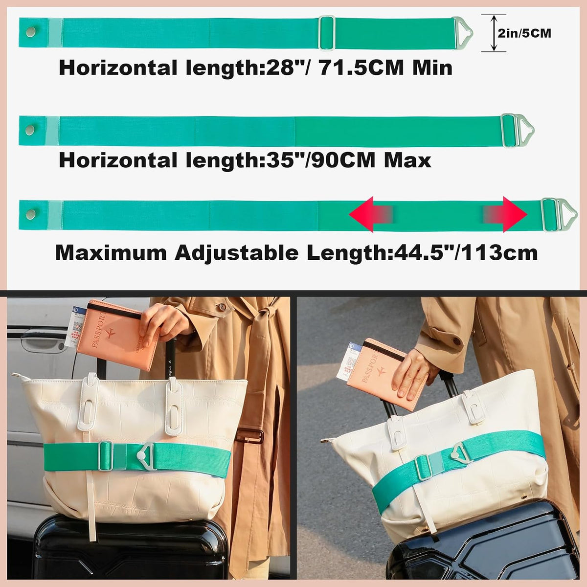 2-in-1 Travel Belt for Luggage Straps Add a Bag Bungees Luggage Strap Over Handle Suitcases Belt for Carry On Bag Elastic Belt Adjustable Suitcase Strap Airport Travel Accessories Black