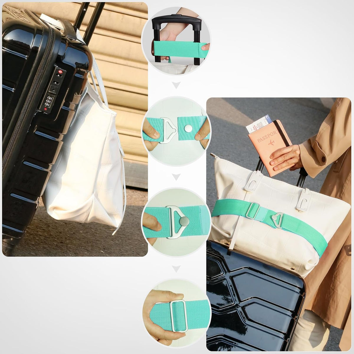 2-in-1 Travel Belt for Luggage Straps Add a Bag Bungees Luggage Strap Over Handle Suitcases Belt for Carry On Bag Elastic Belt Adjustable Suitcase Strap Airport Travel Accessories Black