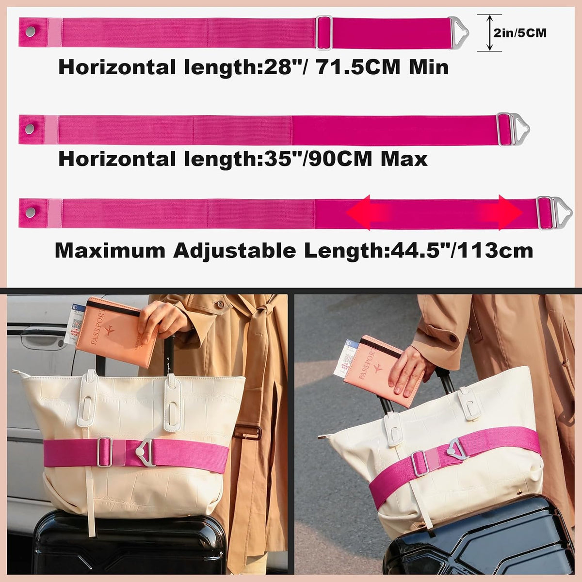 2-in-1 Travel Belt for Luggage Straps Add a Bag Bungees Luggage Strap Over Handle Suitcases Belt for Carry On Bag Elastic Belt Adjustable Suitcase Strap Airport Travel Accessories Black