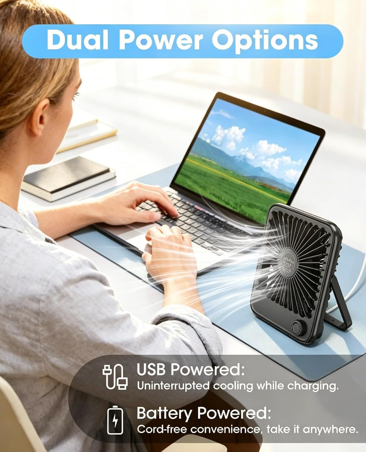 2 Pack Small Desk Fan, Rechargeable Quiet Portable Travel Fan