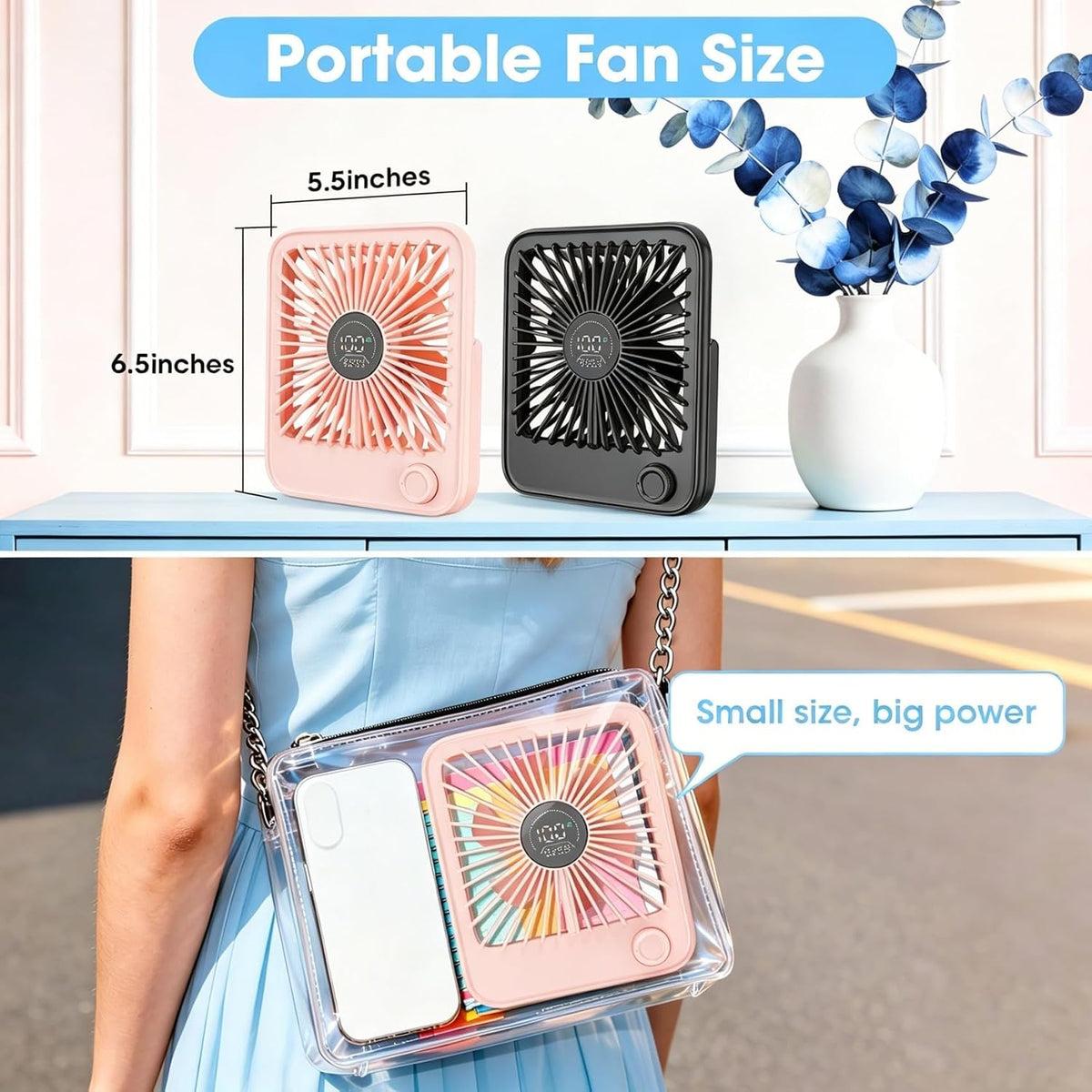 2 Pack Small Desk Fan, Rechargeable Quiet Portable Travel Fan