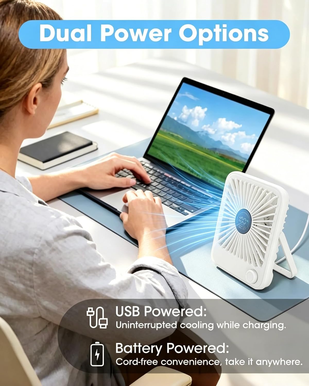 2 Pack Small Desk Fan, Rechargeable Quiet Portable Travel Fan