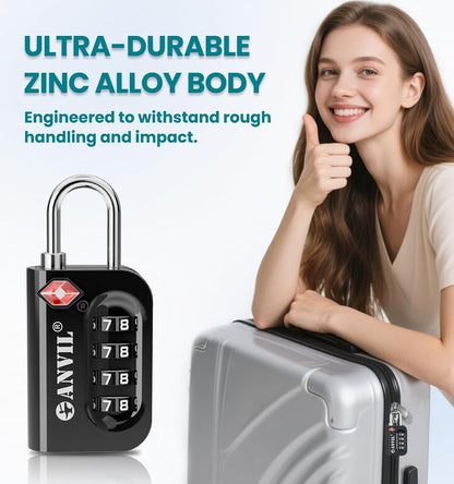 TSA Approved Luggage Lock - 4 Digit Combination, 10,000 Combinations, Easy-Read Password Window, Travel Lock for Suitcases, Backpacks, Gym & Student Lockers, Baggage