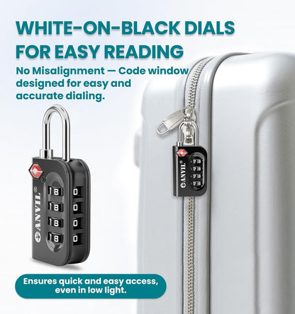 TSA Approved Luggage Lock - 4 Digit Combination, 10,000 Combinations, Easy-Read Password Window, Travel Lock for Suitcases, Backpacks, Gym & Student Lockers, Baggage