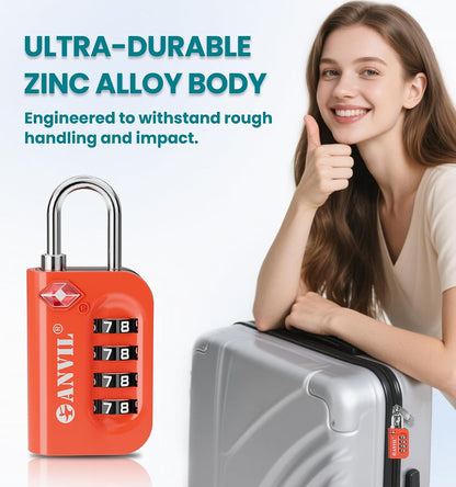 TSA Approved Luggage Lock - 4 Digit Combination, 10,000 Combinations, Easy-Read Password Window, Travel Lock for Suitcases, Backpacks, Gym & Student Lockers, Baggage