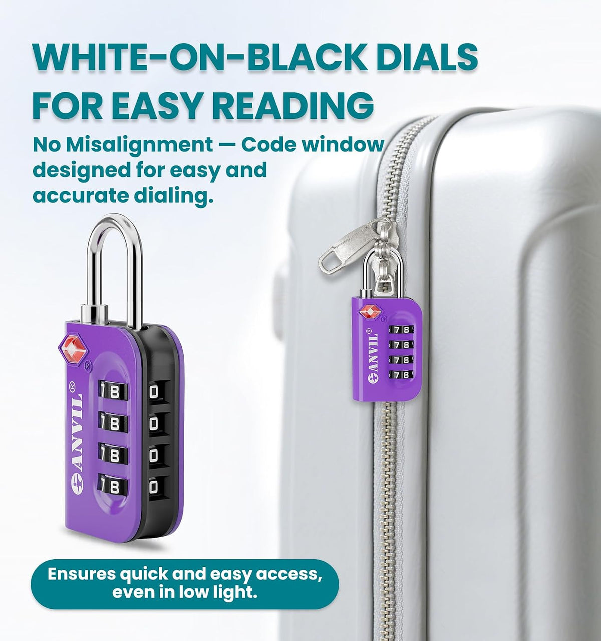 TSA Approved Luggage Lock - 4 Digit Combination, 10,000 Combinations, Easy-Read Password Window, Travel Lock for Suitcases, Backpacks, Gym & Student Lockers, Baggage