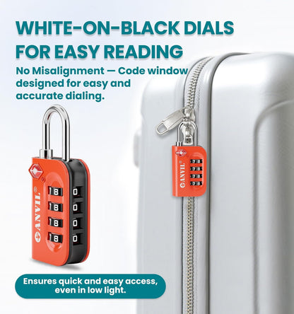 TSA Approved Luggage Lock - 4 Digit Combination, 10,000 Combinations, Easy-Read Password Window, Travel Lock for Suitcases, Backpacks, Gym & Student Lockers, Baggage