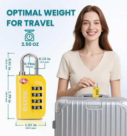 TSA Approved Luggage Lock - 4 Digit Combination, 10,000 Combinations, Easy-Read Password Window, Travel Lock for Suitcases, Backpacks, Gym & Student Lockers, Baggage