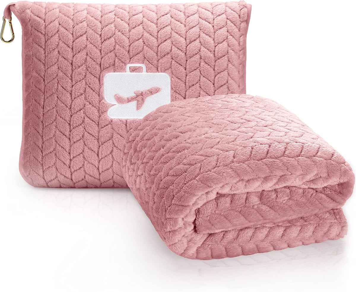 Travel Blanket & Pillow 68x42 - Premium Ultra-Soft Microfleece 2 in 1 Compact & Packable Flight Blanket with Soft Bag Pillowcase, Hand Luggage Sleeve and Backpack Clip (Light Pink)