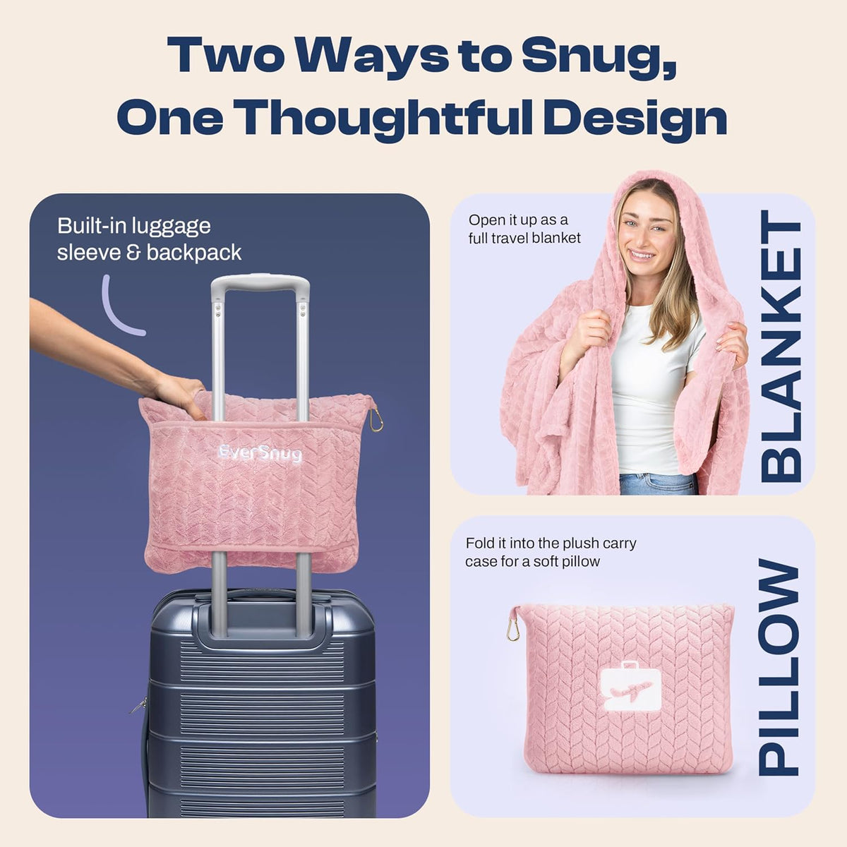 Travel Blanket & Pillow 68x42 - Premium Ultra-Soft Microfleece 2 in 1 Compact & Packable Flight Blanket with Soft Bag Pillowcase, Hand Luggage Sleeve and Backpack Clip (Light Pink)