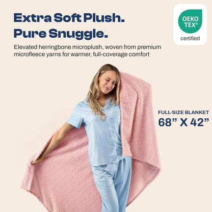 Travel Blanket & Pillow 68x42 - Premium Ultra-Soft Microfleece 2 in 1 Compact & Packable Flight Blanket with Soft Bag Pillowcase, Hand Luggage Sleeve and Backpack Clip (Light Pink)