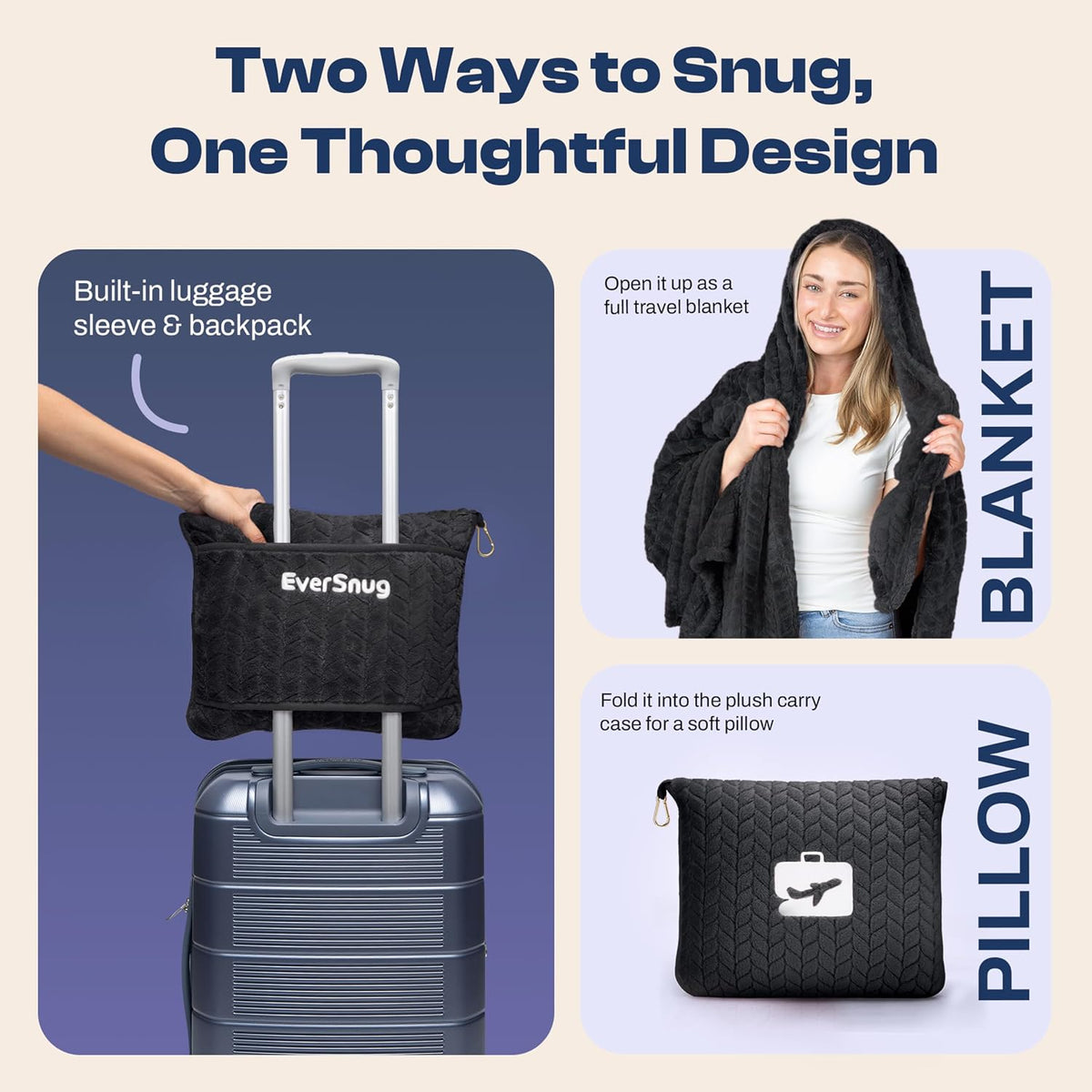 Travel Blanket & Pillow 68x42 - Premium Ultra-Soft Microfleece 2 in 1 Compact & Packable Flight Blanket with Soft Bag Pillowcase, Hand Luggage Sleeve and Backpack Clip (Light Pink)