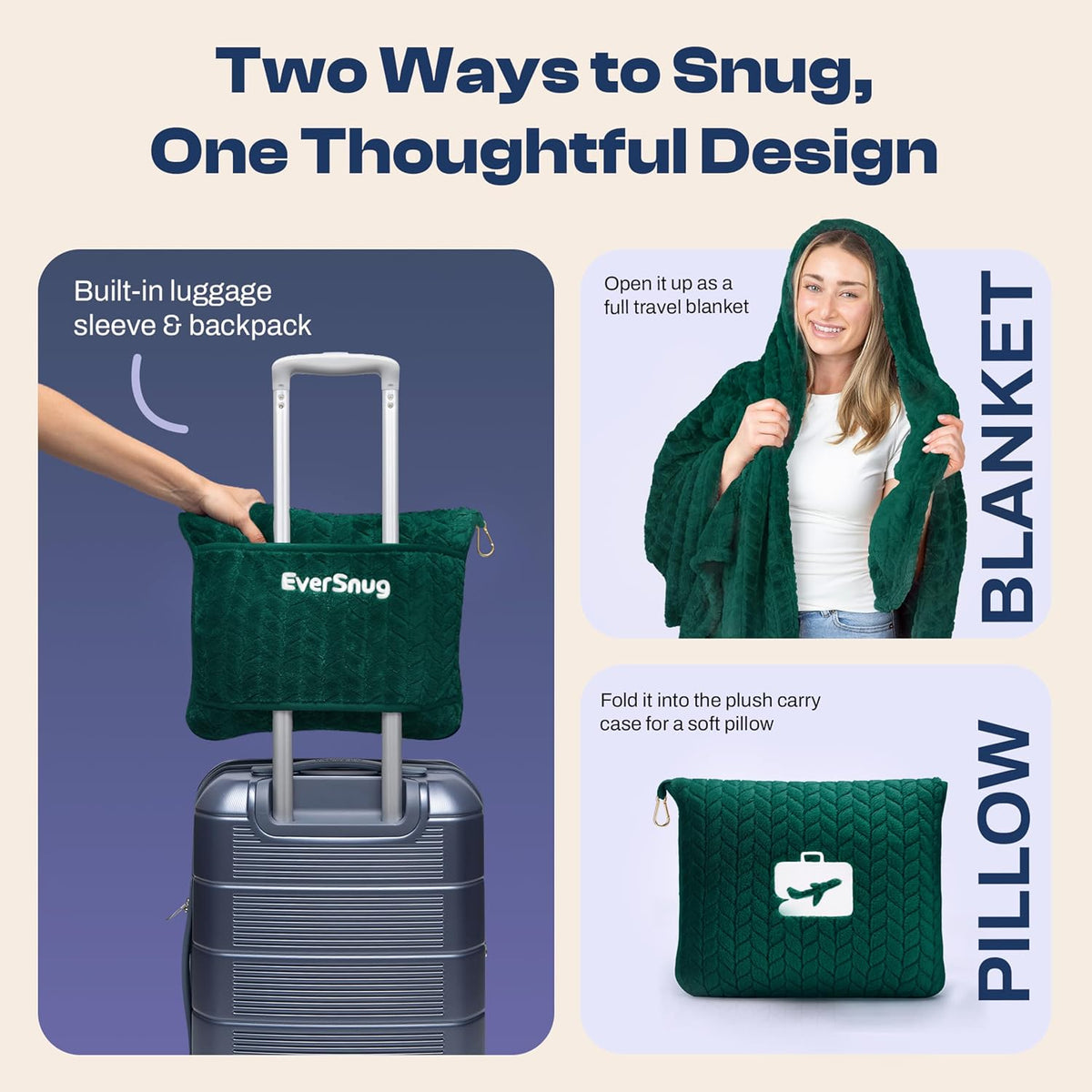 Travel Blanket & Pillow 68x42 - Premium Ultra-Soft Microfleece 2 in 1 Compact & Packable Flight Blanket with Soft Bag Pillowcase, Hand Luggage Sleeve and Backpack Clip (Light Pink)