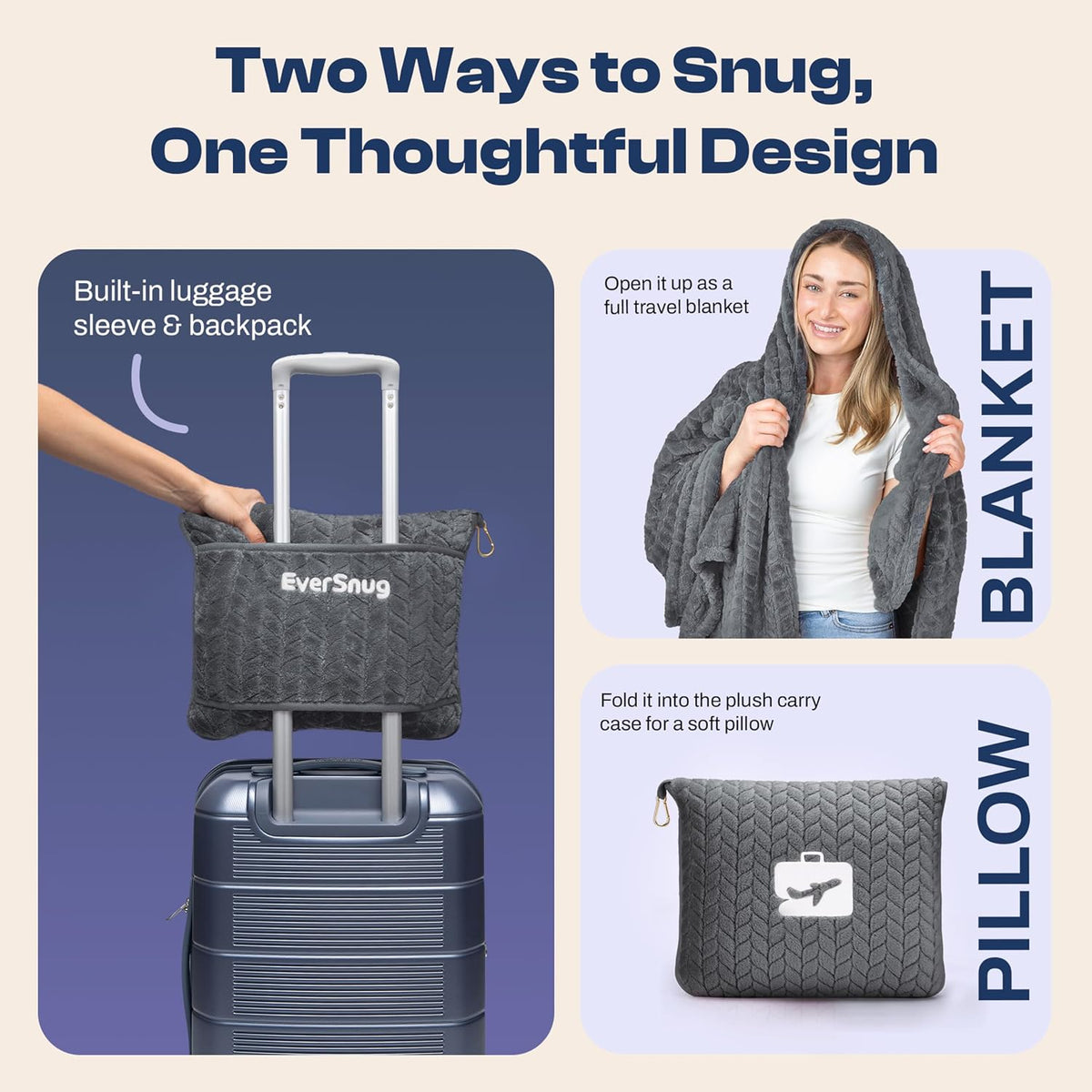 Travel Blanket & Pillow 68x42 - Premium Ultra-Soft Microfleece 2 in 1 Compact & Packable Flight Blanket with Soft Bag Pillowcase, Hand Luggage Sleeve and Backpack Clip (Light Pink)