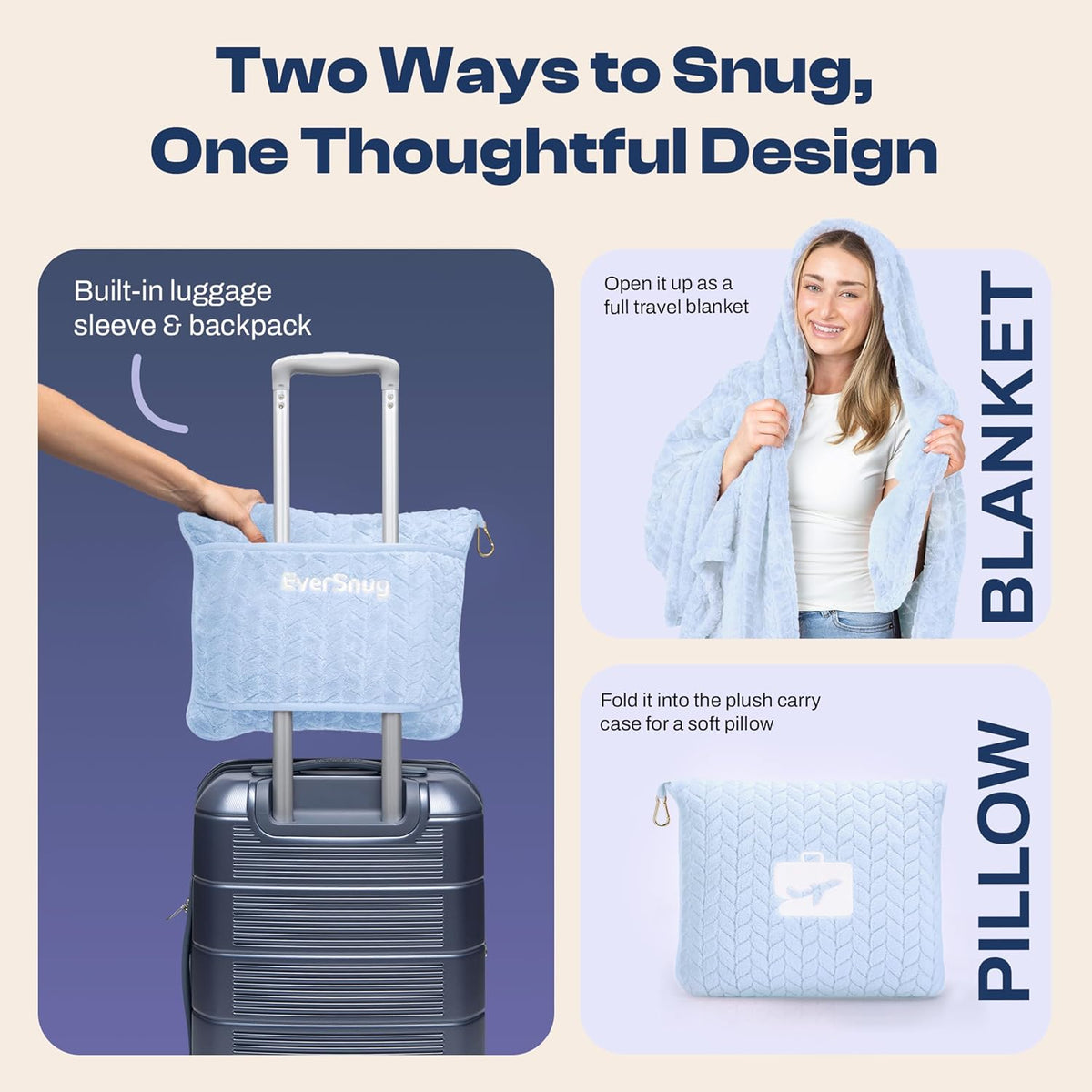Travel Blanket & Pillow 68x42 - Premium Ultra-Soft Microfleece 2 in 1 Compact & Packable Flight Blanket with Soft Bag Pillowcase, Hand Luggage Sleeve and Backpack Clip (Light Pink)