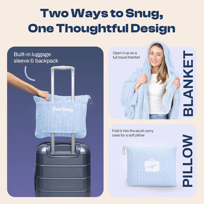 Travel Blanket & Pillow 68x42 - Premium Ultra-Soft Microfleece 2 in 1 Compact & Packable Flight Blanket with Soft Bag Pillowcase, Hand Luggage Sleeve and Backpack Clip (Light Pink)