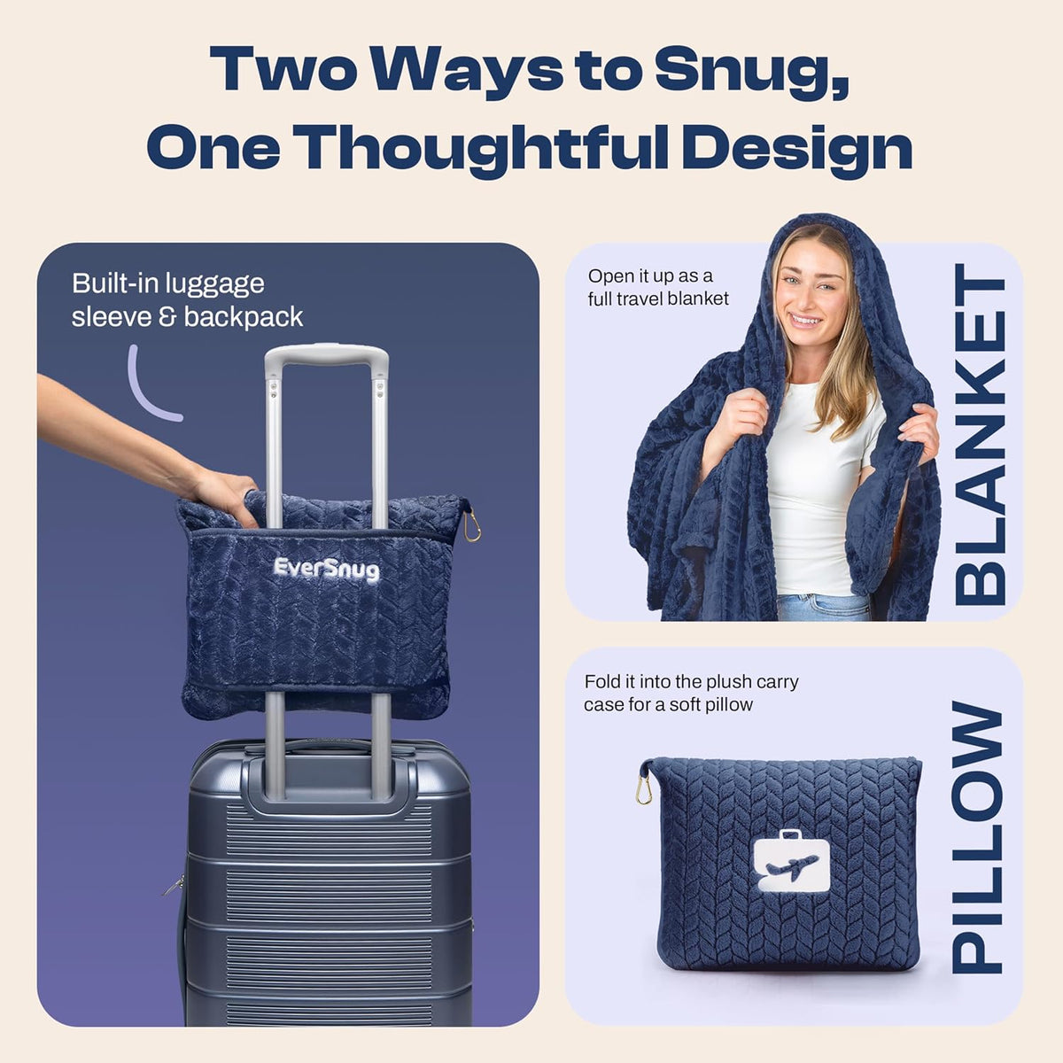 Travel Blanket & Pillow 68x42 - Premium Ultra-Soft Microfleece 2 in 1 Compact & Packable Flight Blanket with Soft Bag Pillowcase, Hand Luggage Sleeve and Backpack Clip (Light Pink)