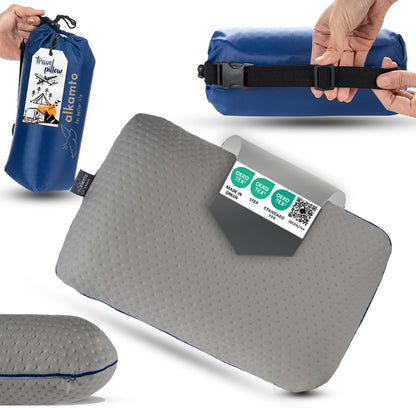 Travel & Camping Comfortable Memory Foam Pillow – Easy to Carry Portable Bag – Temperature Regulating Pillow Case