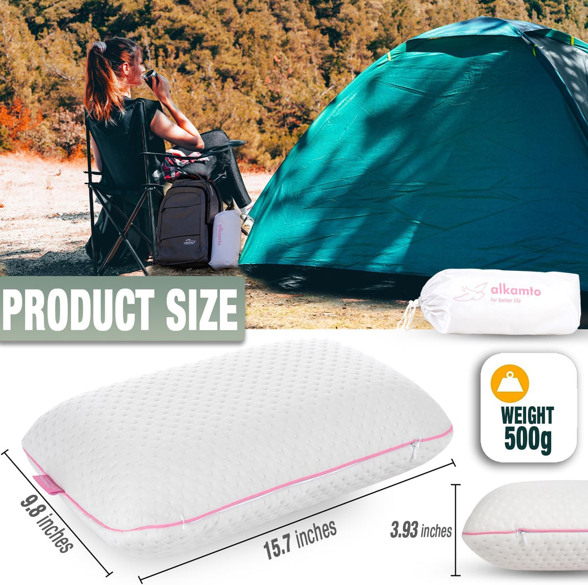 Travel & Camping Comfortable Memory Foam Pillow – Easy to Carry Portable Bag – Temperature Regulating Pillow Case