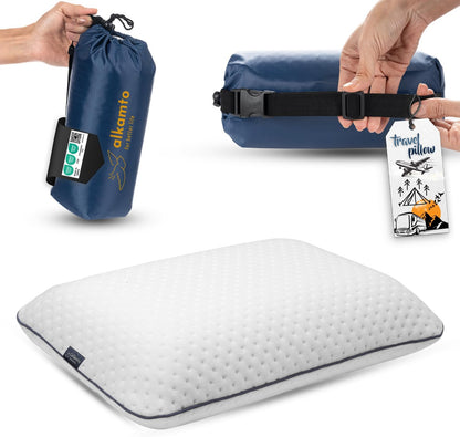 Travel & Camping Comfortable Memory Foam Pillow – Easy to Carry Portable Bag – Temperature Regulating Pillow Case