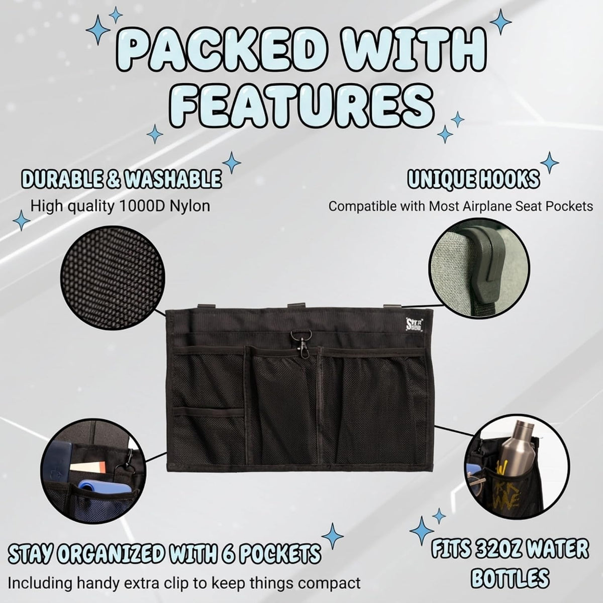 Airplane Seat Organizer to Clip onto Airplane Seat Pocket | Travel Essentials Accessory with Improved Universal Compatibility (15 x 9 Inches)