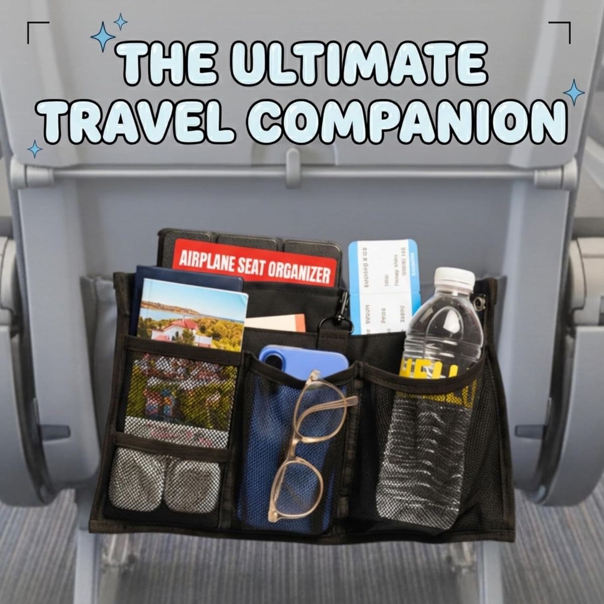 Airplane Seat Organizer to Clip onto Airplane Seat Pocket | Travel Essentials Accessory with Improved Universal Compatibility (15 x 9 Inches)