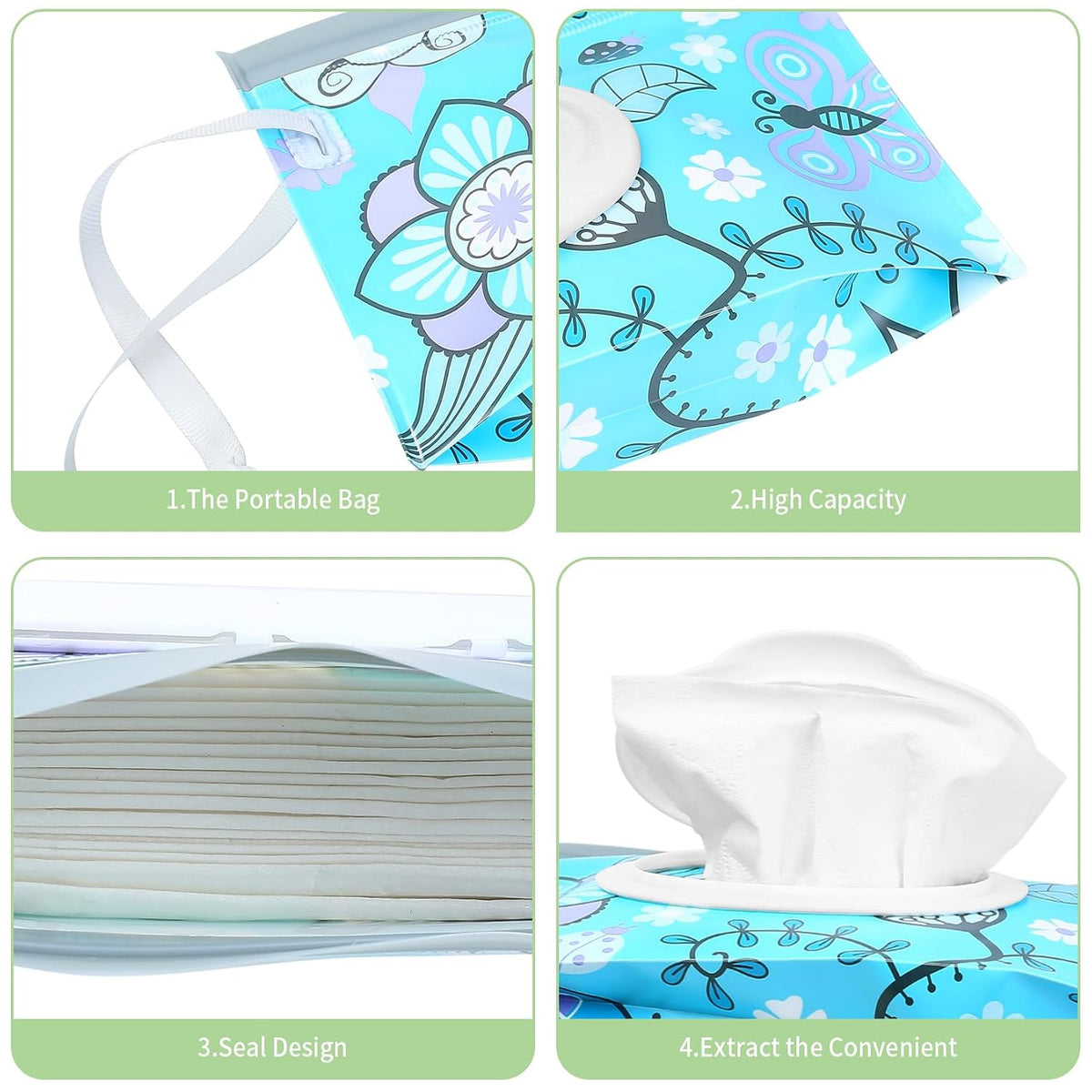 Baby Wipes Dispenser, 2 Pcs Travel Baby Wipe Holder, Refillable Baby Wet Wipe Pouch, Reusable Baby Wipes Container, Portable Wipe Dispenser, Wipe Bags for Travel, blue purple Floral