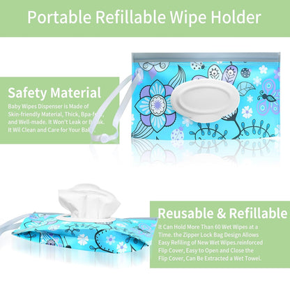 Baby Wipes Dispenser, 2 Pcs Travel Baby Wipe Holder, Refillable Baby Wet Wipe Pouch, Reusable Baby Wipes Container, Portable Wipe Dispenser, Wipe Bags for Travel, blue purple Floral