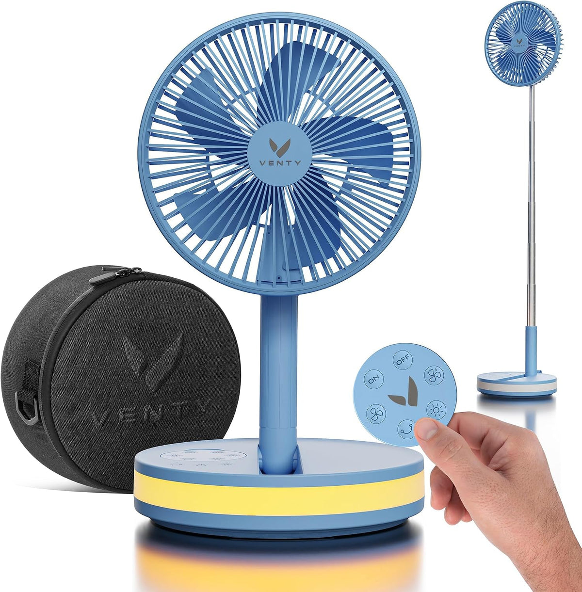 VENTY Portable Fan - Wireless Battery Operated Fan - 4 Speeds - LED Lighting - Carry Case & Remote Control - Cruise Travel - Outdoor Travel RV Power Bank With USB-C Port (Black with Case)