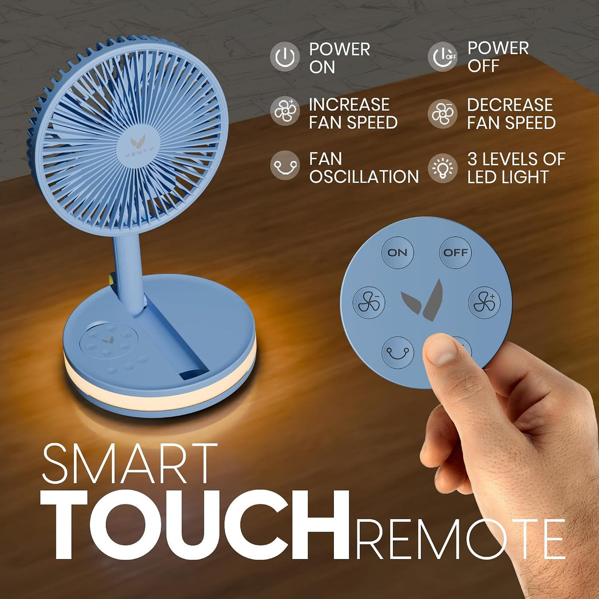 VENTY Portable Fan - Wireless Battery Operated Fan - 4 Speeds - LED Lighting - Carry Case & Remote Control - Cruise Travel - Outdoor Travel RV Power Bank With USB-C Port (Black with Case)