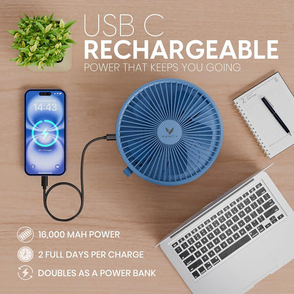 VENTY Portable Fan - Wireless Battery Operated Fan - 4 Speeds - LED Lighting - Carry Case & Remote Control - Cruise Travel - Outdoor Travel RV Power Bank With USB-C Port (Black with Case)