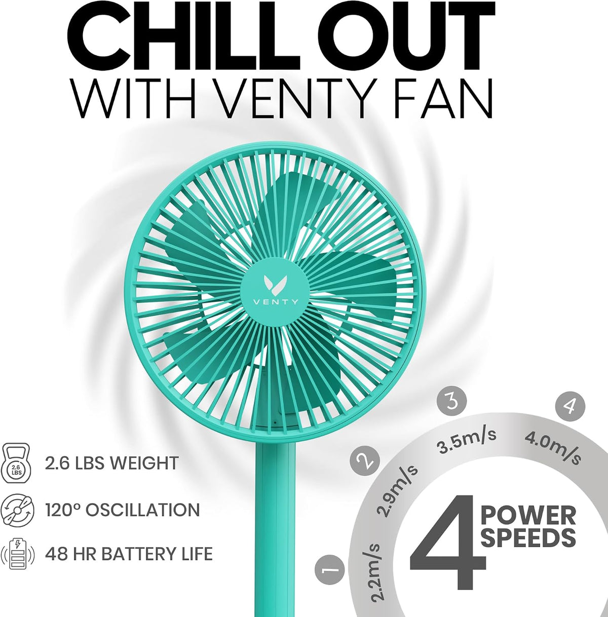 VENTY Portable Fan - Wireless Battery Operated Fan - 4 Speeds - LED Lighting - Carry Case & Remote Control - Cruise Travel - Outdoor Travel RV Power Bank With USB-C Port (Black with Case)