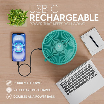 VENTY Portable Fan - Wireless Battery Operated Fan - 4 Speeds - LED Lighting - Carry Case & Remote Control - Cruise Travel - Outdoor Travel RV Power Bank With USB-C Port (Black with Case)