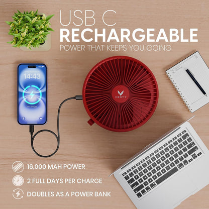 VENTY Portable Fan - Wireless Battery Operated Fan - 4 Speeds - LED Lighting - Carry Case & Remote Control - Cruise Travel - Outdoor Travel RV Power Bank With USB-C Port (Black with Case)