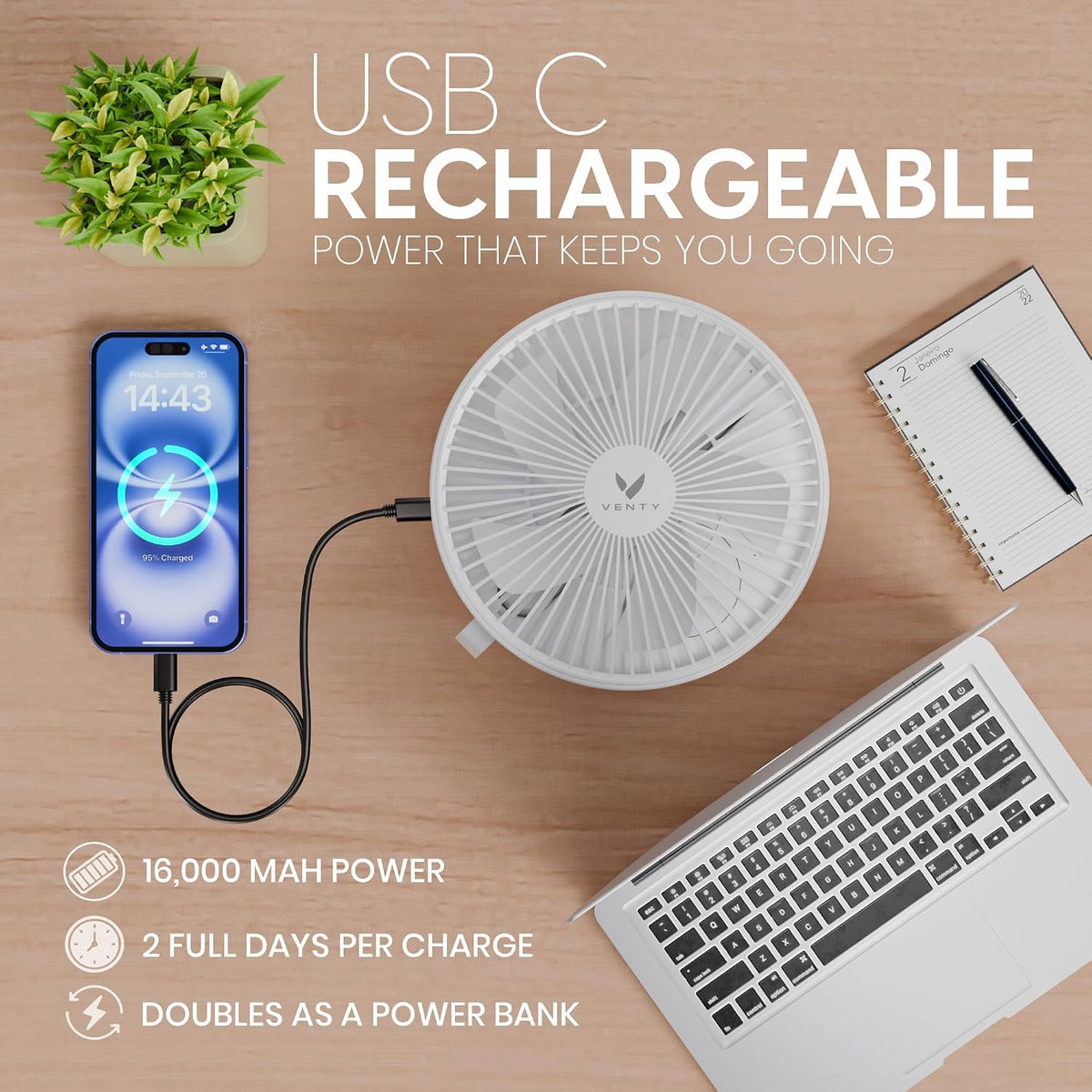 VENTY Portable Fan - Wireless Battery Operated Fan - 4 Speeds - LED Lighting - Carry Case & Remote Control - Cruise Travel - Outdoor Travel RV Power Bank With USB-C Port (Black with Case)