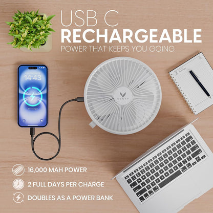VENTY Portable Fan - Wireless Battery Operated Fan - 4 Speeds - LED Lighting - Carry Case & Remote Control - Cruise Travel - Outdoor Travel RV Power Bank With USB-C Port (Black with Case)