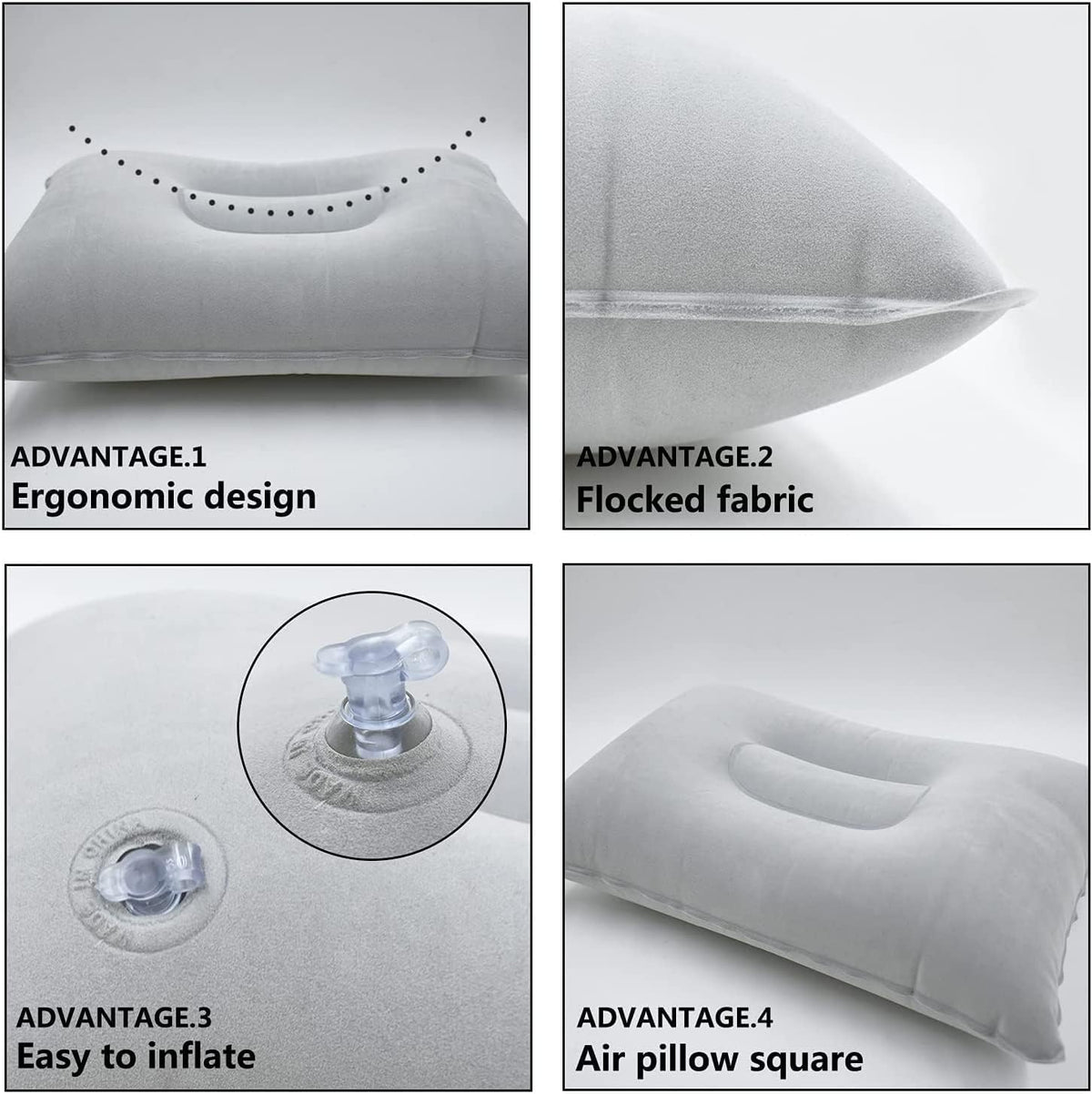 2Pack Ultralight A4 Size Inflatable Travel Pillow, Small Squared Flocked Fabric Air Pillow for Traveling, Holiday Trip, Hiking, Camping,Napping,Neck Lumbar Support(Gray)