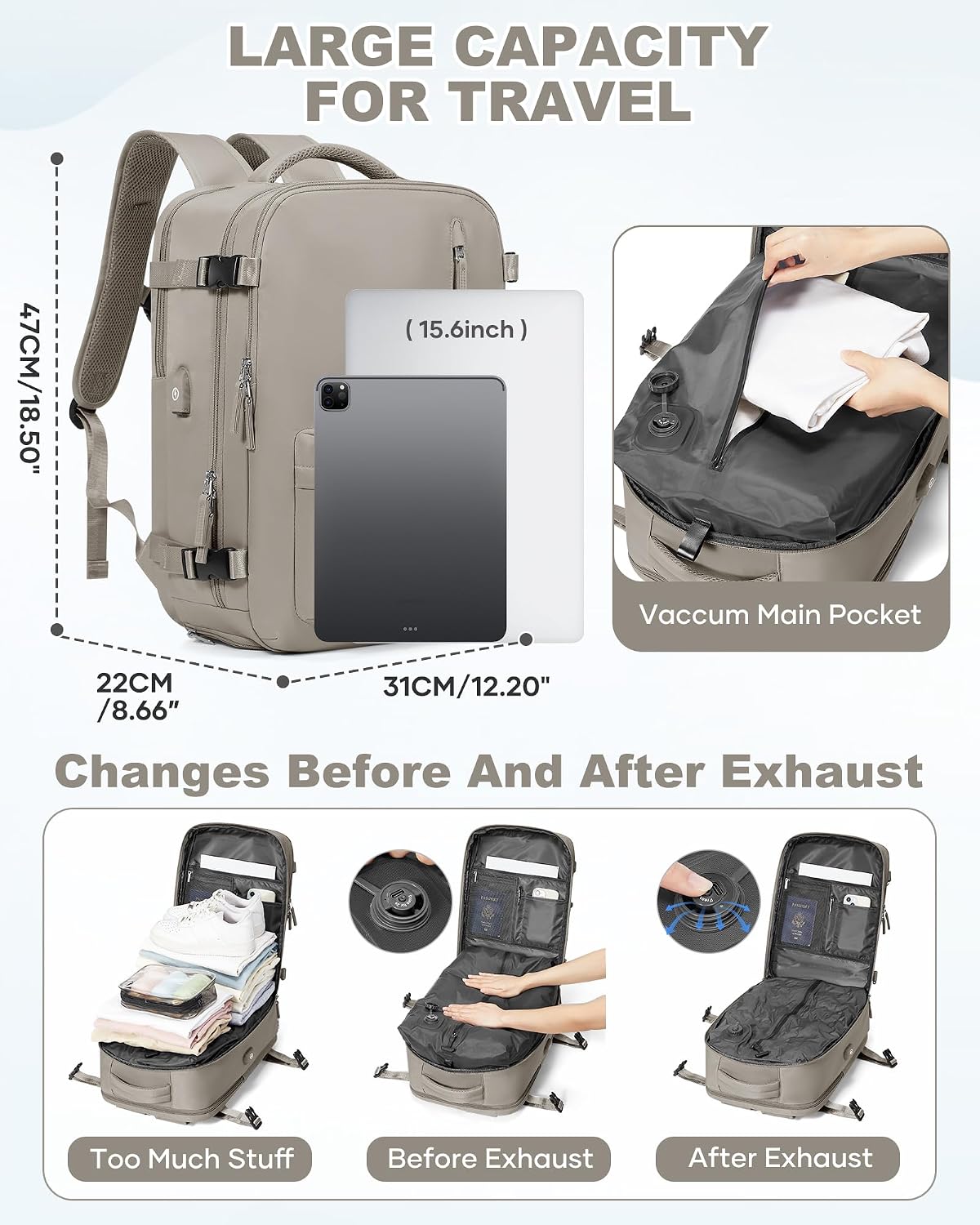 Vacuum Seal Backpack for Travel with Air Pump Compression Vacpack Carry on Flight Approved Daypack Laptop Space Saver Bags Storage with Vacuum System 18x14x8 inches Travel Bag Women Men Black - Colors A