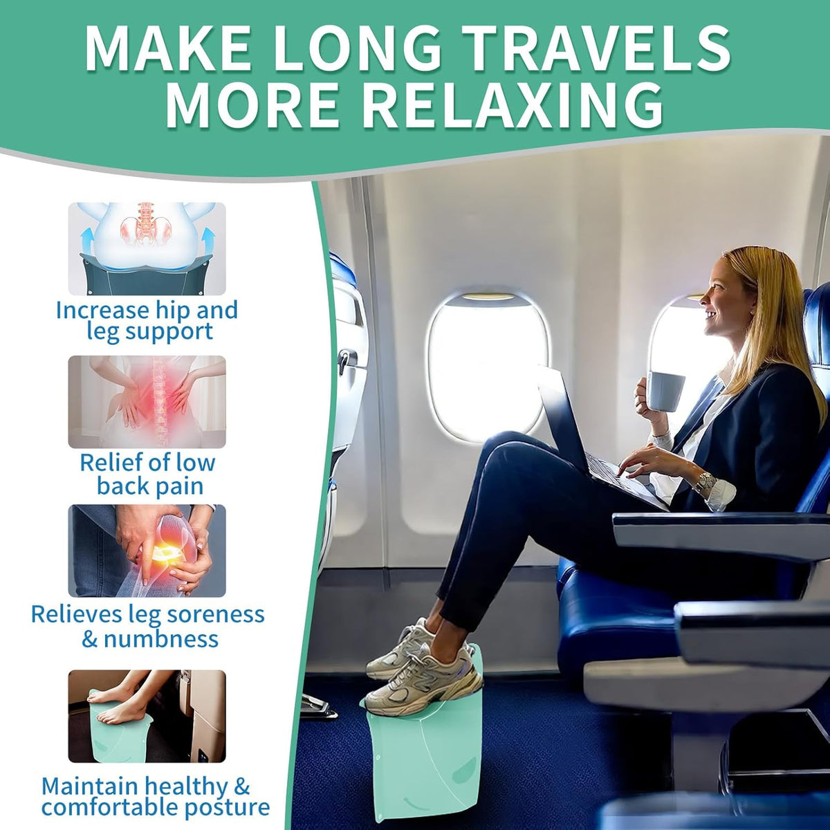 Travel Foot Rest for Airplane & Office - Portable Under Desk Foot Stool, Relieves Back & Knee Pain, Comfort for Long Flights, Cars, Subways & Trains - 2 Pack (Blue & Green)