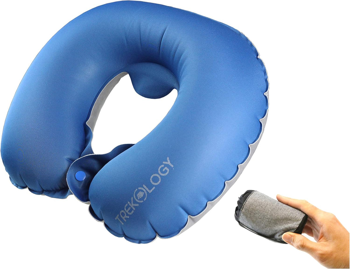Inflatable Neck Pillow for Travel – Compact Ultralight Air Pillow with Button Inflation & Quick Deflate – Dual-Fabric Neck Support Cushion for Airplane, Car, Train, Bus