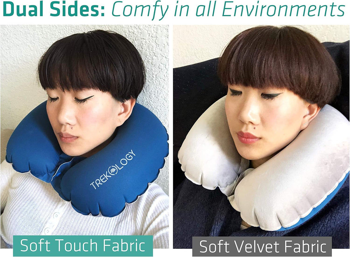 Inflatable Neck Pillow for Travel – Compact Ultralight Air Pillow with Button Inflation & Quick Deflate – Dual-Fabric Neck Support Cushion for Airplane, Car, Train, Bus